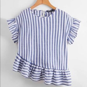 Ruffle Trim Asymmetric Striped Top SHEIN